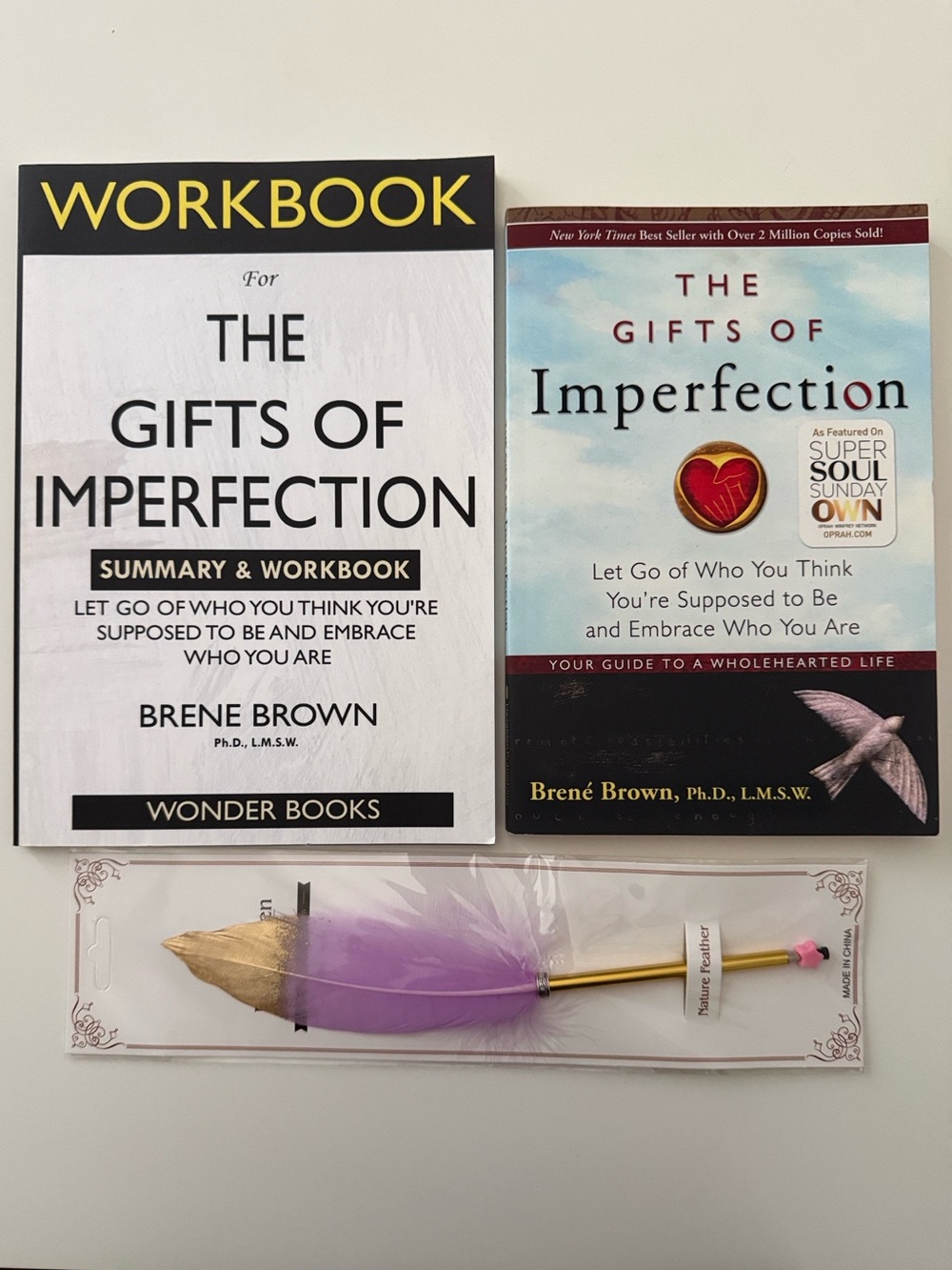 Bundle of Brene Brown’s The Gifts of Imperfection Book, Workbook & Feather Pen